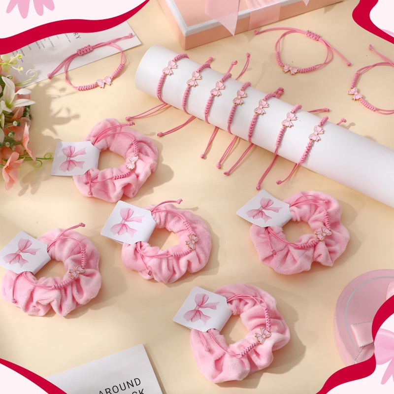 Hoteam 24 Sets Coquette Party Gifts Bulk Adjustable Coquette Bow Braid String Bracelets Pink Hair Scrunchies with Bow Cards Cheerleader Birthday Party Favor for Cheer Dance Team Friends Gift - Image 4