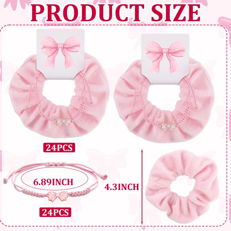 Hoteam 24 Sets Coquette Party Gifts Bulk Adjustable Coquette Bow Braid String Bracelets Pink Hair Scrunchies with Bow Cards Cheerleader Birthday Party Favor for Cheer Dance Team Friends Gift - Image 2