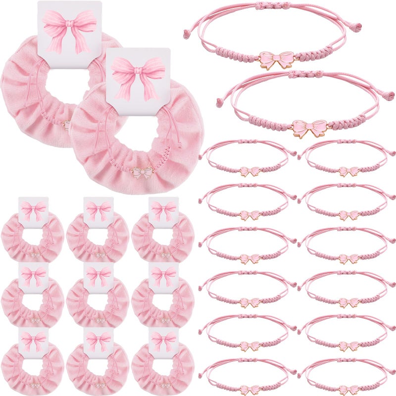 Hoteam 24 Sets Coquette Party Gifts Bulk Adjustable Coquette Bow Braid String Bracelets Pink Hair Scrunchies with Bow Cards Cheerleader Birthday Party Favor for Cheer Dance Team Friends Gift - Image 1