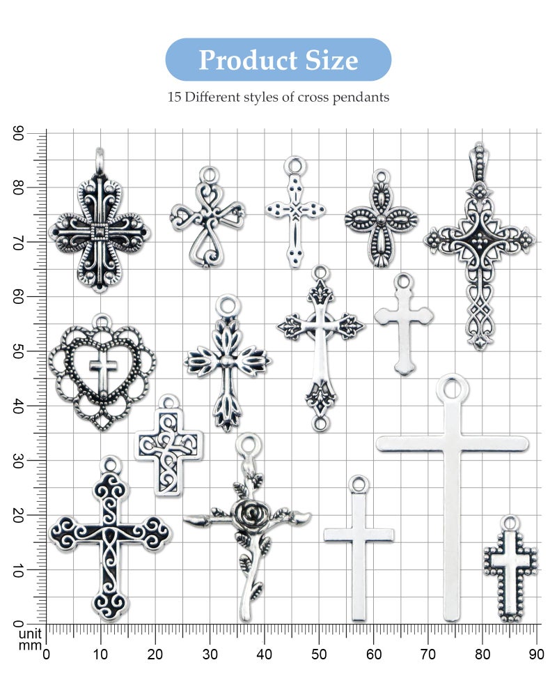 YETOOME 60 Pcs Antique Silver Cross Charms, Alloy Crucifix Pendant Connector for Bracelet Earrings Necklace Jewelry Making (15 Styles) - Image 2