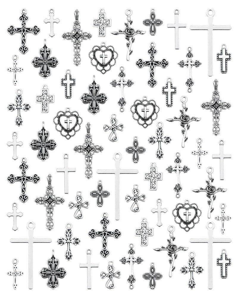 YETOOME 60 Pcs Antique Silver Cross Charms, Alloy Crucifix Pendant Connector for Bracelet Earrings Necklace Jewelry Making (15 Styles) - Image 1