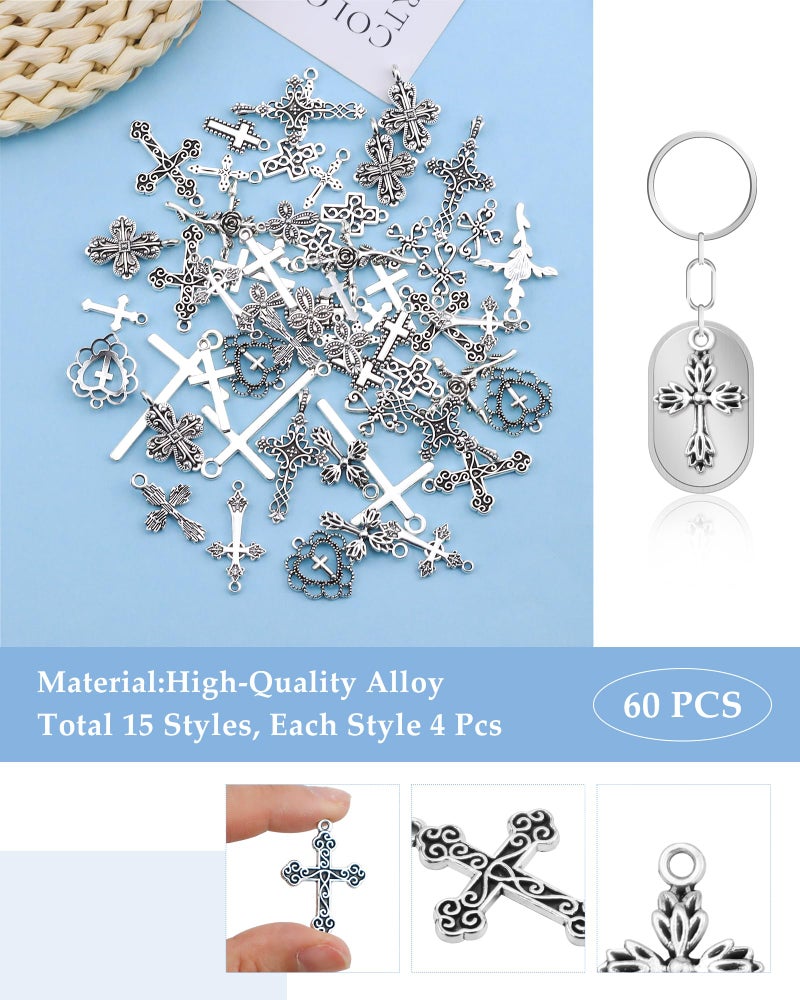 YETOOME 60 Pcs Antique Silver Cross Charms, Alloy Crucifix Pendant Connector for Bracelet Earrings Necklace Jewelry Making (15 Styles) - Image 3