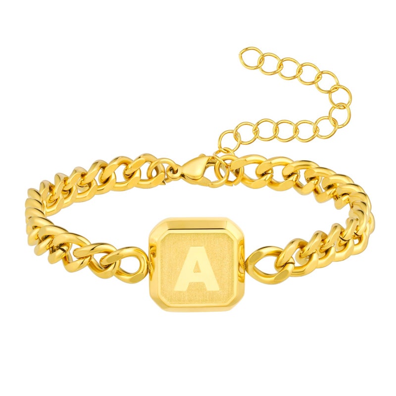 Bellino Initial Bracelet Squre A-Z Letter Cuban Link Chain Mens Bracelets Adjustable Size Stainless Steel Men Jewelry Gifts for Husband Dad Brother Son(A) - Image 1