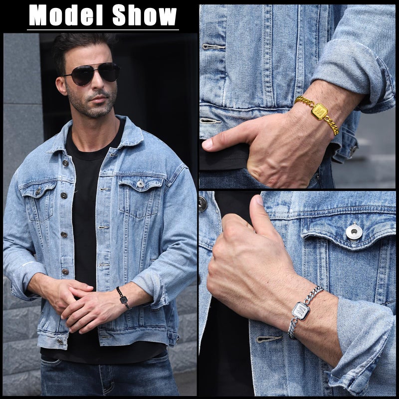 Bellino Initial Bracelet Squre A-Z Letter Cuban Link Chain Mens Bracelets Adjustable Size Stainless Steel Men Jewelry Gifts for Husband Dad Brother Son(A) - Image 3