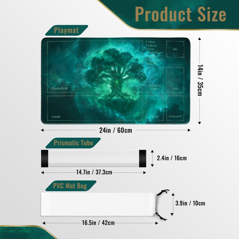 FROGIGO Stellar Forest Playmat for MTG â€“ 24"x14" Galaxy Green Tree Game Mat with Play Zones & Prismatic Playmat Tube, Non-Slip Rubber Table Mat for Magic The Gathering - Image 2