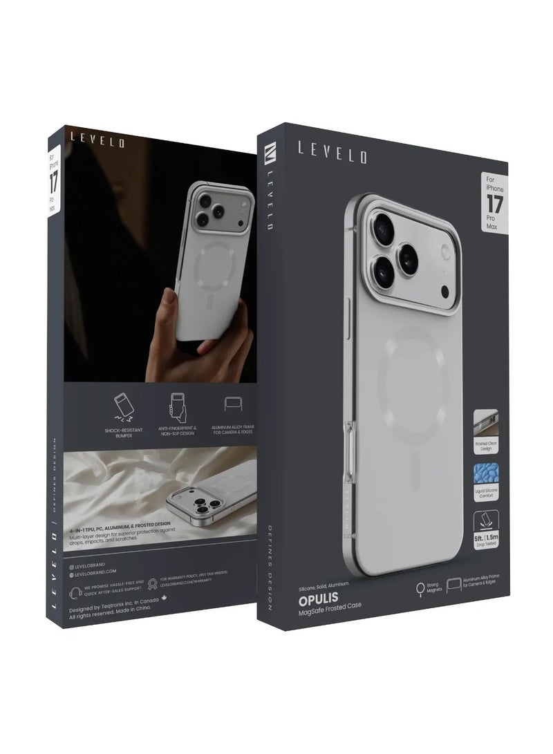 LEVELO iPhone 17 Pro Max MagSafe Case Opulis with Liquid Silicone Comfort & Shock-Resistant Bumper / Anti-Fingerprint & Non-Slip Design / Aluminum Alloy Frame for Camera & Edges / Frosted Clear Design - Silver Stone - Image 3