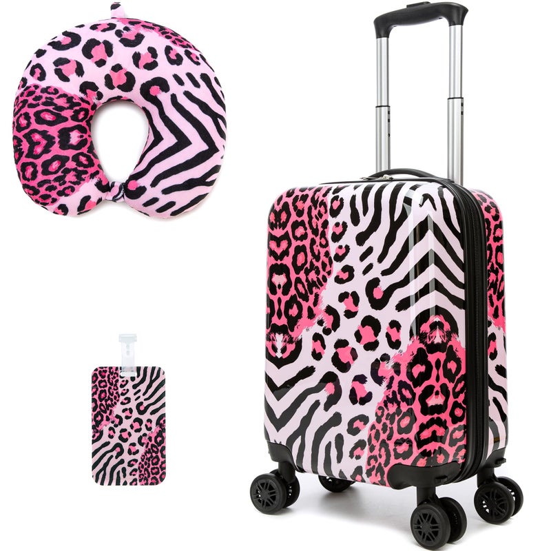 Inprof Kids Luggage with Spinner Wheels Carry on Suitcases for Girls 2 Piece Luggage Sets 16" Toddler Suitcase for Kids Rolling Suitcase Airline Approved (Pink Leopard) - Image 1