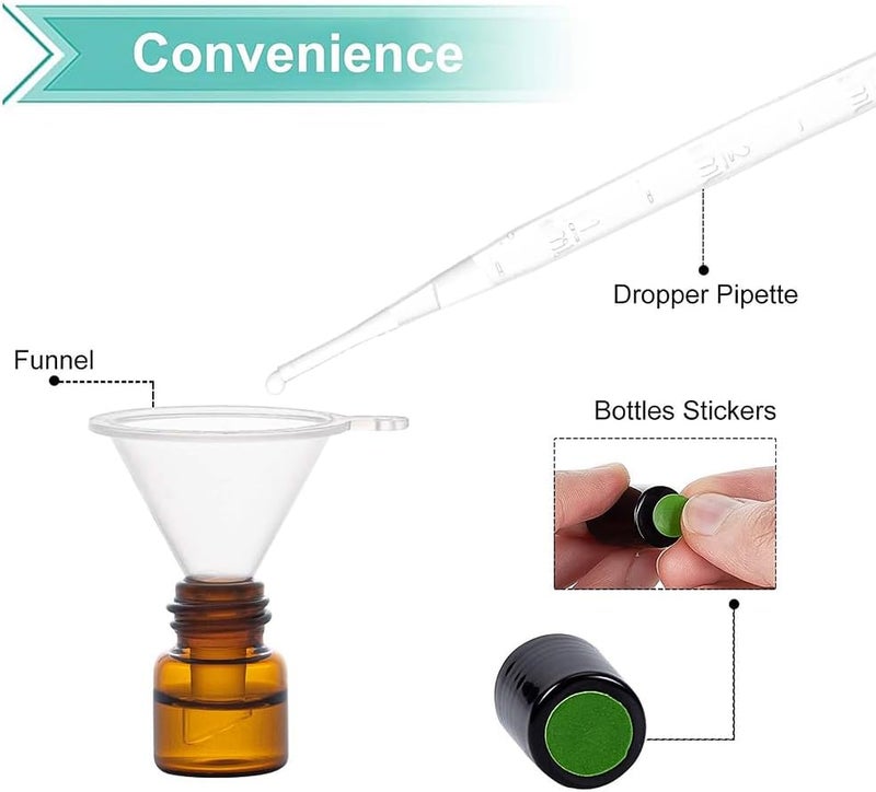BENECREAT 30 Pack 0.5ml Amber Glass Bottle with Black Cap Mini Essential Oil Roll on Bottle with 4 Hoppers, 1 Piece Opener, 10 Drops and 1 Label Sheet - Image 4
