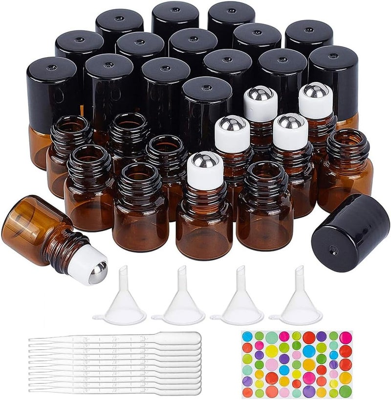 BENECREAT 30 Pack 0.5ml Amber Glass Bottle with Black Cap Mini Essential Oil Roll on Bottle with 4 Hoppers, 1 Piece Opener, 10 Drops and 1 Label Sheet - Image 1