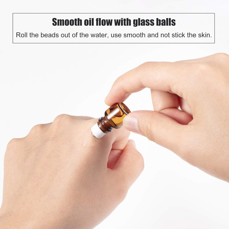 BENECREAT 30 Pack 0.5ml Amber Glass Bottle with Black Cap Mini Essential Oil Roll on Bottle with 4 Hoppers, 1 Piece Opener, 10 Drops and 1 Label Sheet - Image 3