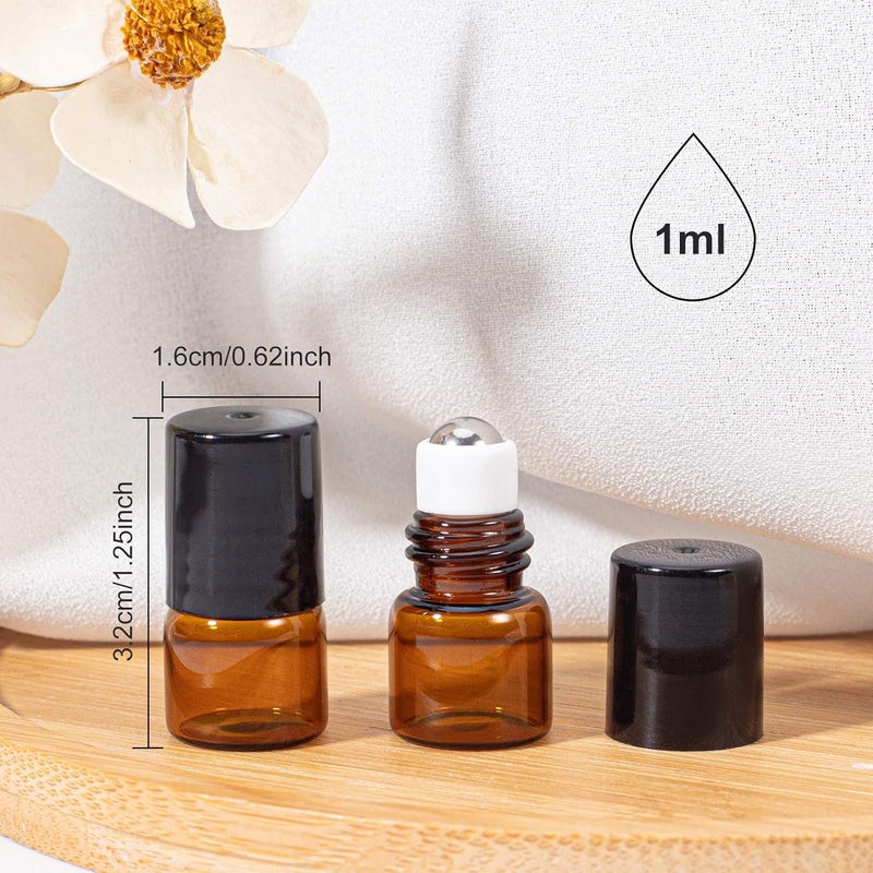 BENECREAT 30 Pack 0.5ml Amber Glass Bottle with Black Cap Mini Essential Oil Roll on Bottle with 4 Hoppers, 1 Piece Opener, 10 Drops and 1 Label Sheet - Image 2