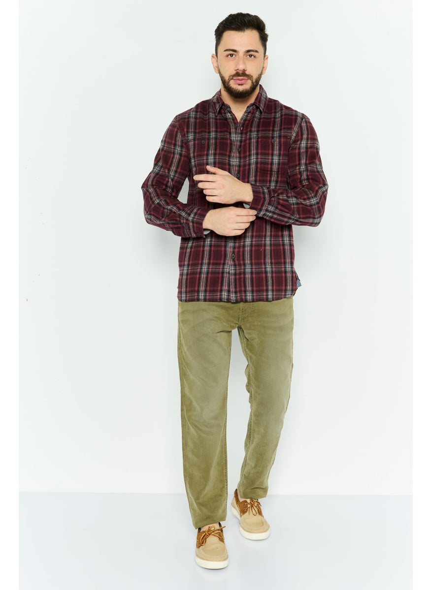 TRUE GRIT - Men Regular Fit Plaid Long Sleeves Casual Shirt, Maroon Combo - Image 1