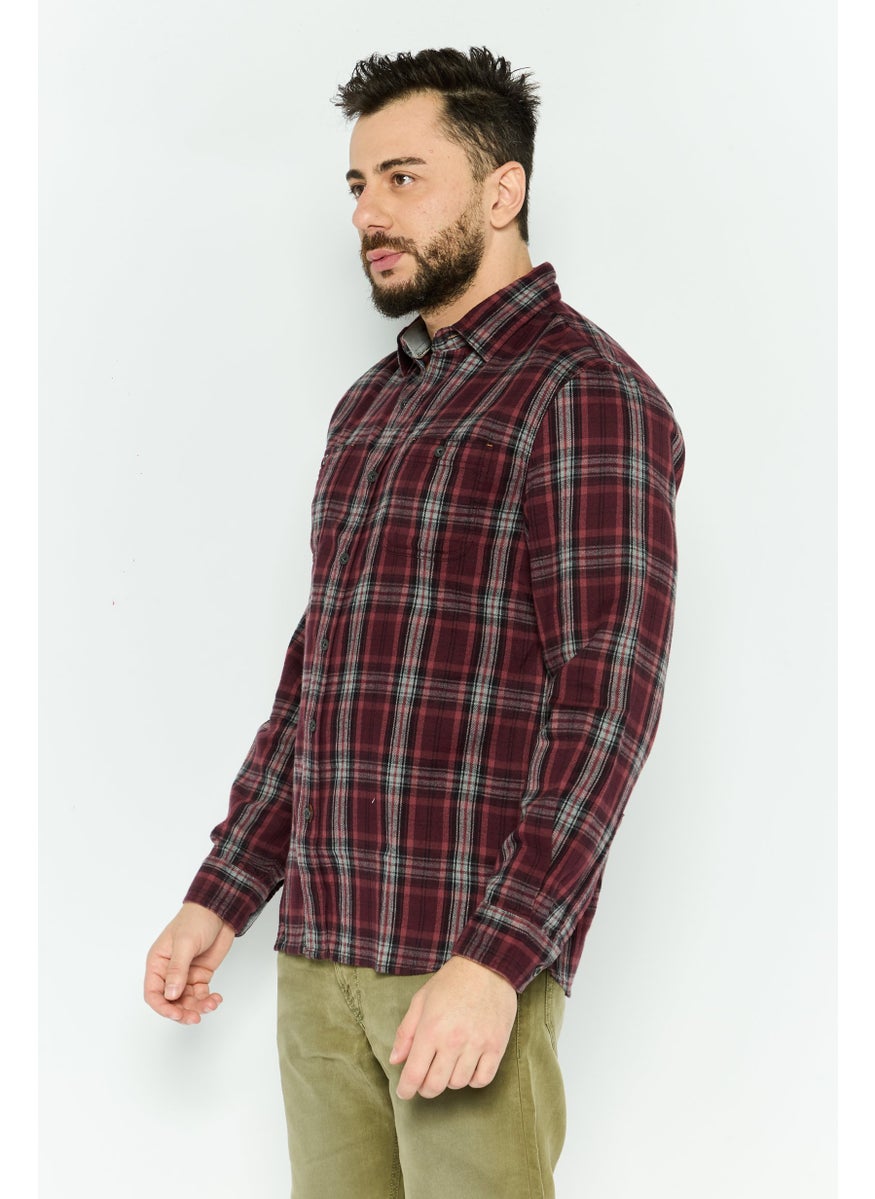 TRUE GRIT - Men Regular Fit Plaid Long Sleeves Casual Shirt, Maroon Combo - Image 1