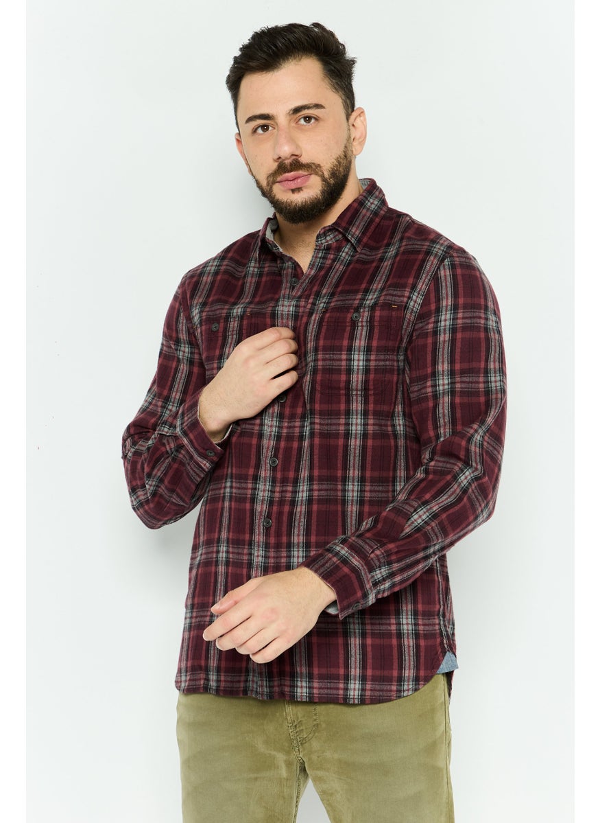 TRUE GRIT - Men Regular Fit Plaid Long Sleeves Casual Shirt, Maroon Combo - Image 1