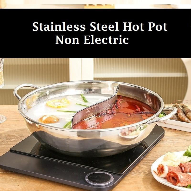 Matiko Matiko Shabu Pot Hot Stainless Steel Cookware Hot Pot with Divider Soup Induction Nabe Lid Cooking Double-Sided | 04 Stainless Steel Hot Pot with Divider, Pot with Glass Lid  - Image 2