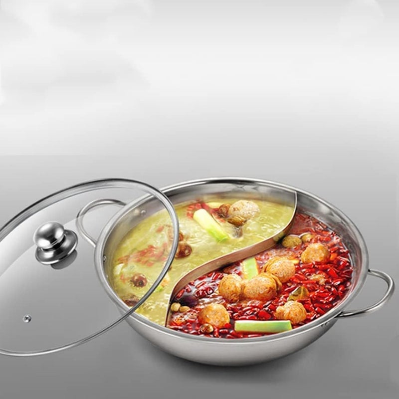 Matiko Matiko Shabu Pot Hot Stainless Steel Cookware Hot Pot with Divider Soup Induction Nabe Lid Cooking Double-Sided | 04 Stainless Steel Hot Pot with Divider, Pot with Glass Lid  - Image 1