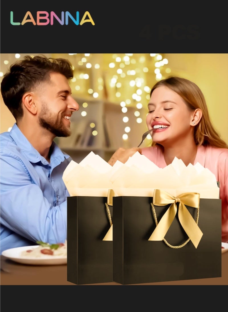 LABNNA 4 Pack Gift Bags Medium with Handles with Ribbon Card and Tissue Paper,Size 32*25*11cm Paper Bags,Luxury Shoping Bags Bulk for Festival,Birthday, Wedding,Favor,Party,Candy,Shopping,Flower,Book Retail Merchandise,Black Colors. - Image 3