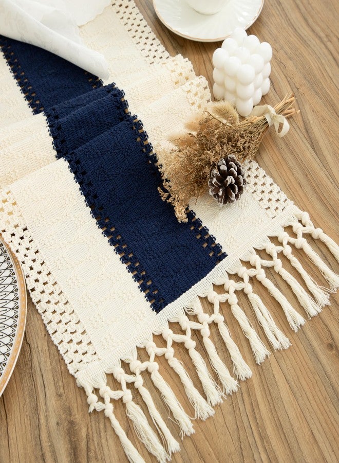 Counfeisly Boho Blue Table Runner 36 Inches Long with Tassels, Macrame Summer Farmhouse Woven Cotton Linen Table Runner for Small Dresser Scarf Home Decor Dining Room, 12x36 Inches - Image 1
