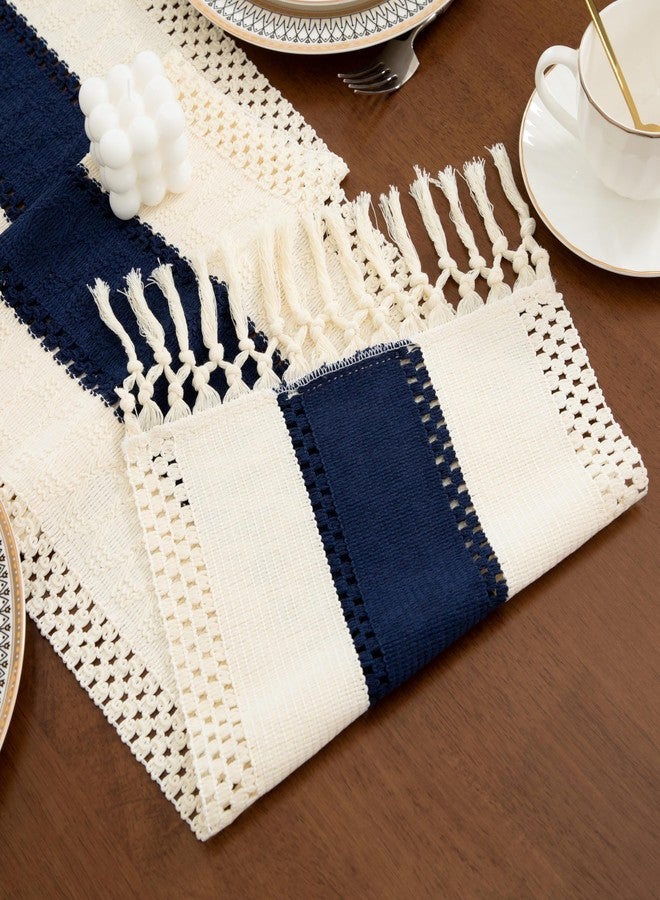 Counfeisly Boho Blue Table Runner 36 Inches Long with Tassels, Macrame Summer Farmhouse Woven Cotton Linen Table Runner for Small Dresser Scarf Home Decor Dining Room, 12x36 Inches - Image 3