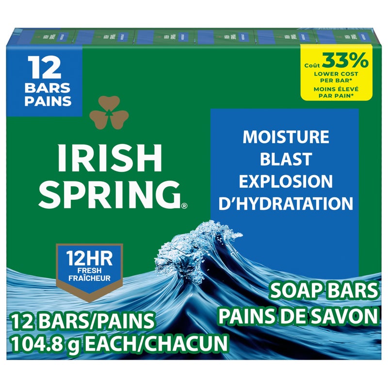 Irish Spring Moisture Blast Deodorant Bar Soap for Men, 12 Hour Fresh Deodorant Soap, 3.7 oz Bar (12 Pack) - Image 1