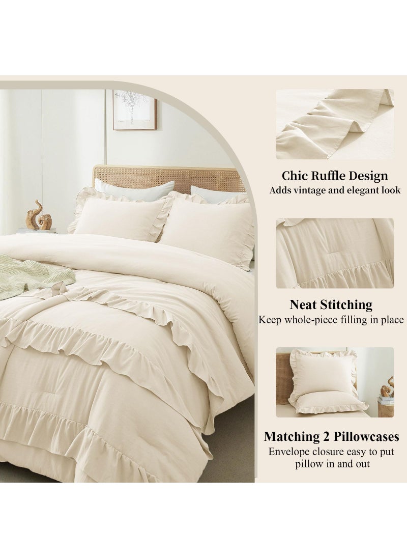 LifeTB Full Comforter Set Boho Cream White Comforter 3 Pieces Ruffle Bedding Comforter Fluffy Soft Ivory Comforter Set 1 Ruffled Comforter with 2 Pillowcases Aesthetic Boho Comforter Farmhouse Bedding Set  - Image 4