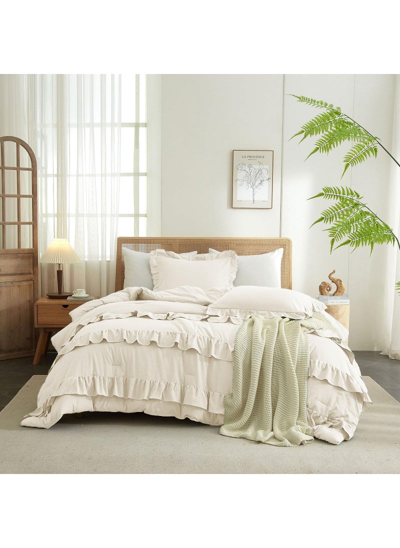 LifeTB Full Comforter Set Boho Cream White Comforter 3 Pieces Ruffle Bedding Comforter Fluffy Soft Ivory Comforter Set 1 Ruffled Comforter with 2 Pillowcases Aesthetic Boho Comforter Farmhouse Bedding Set  - Image 1