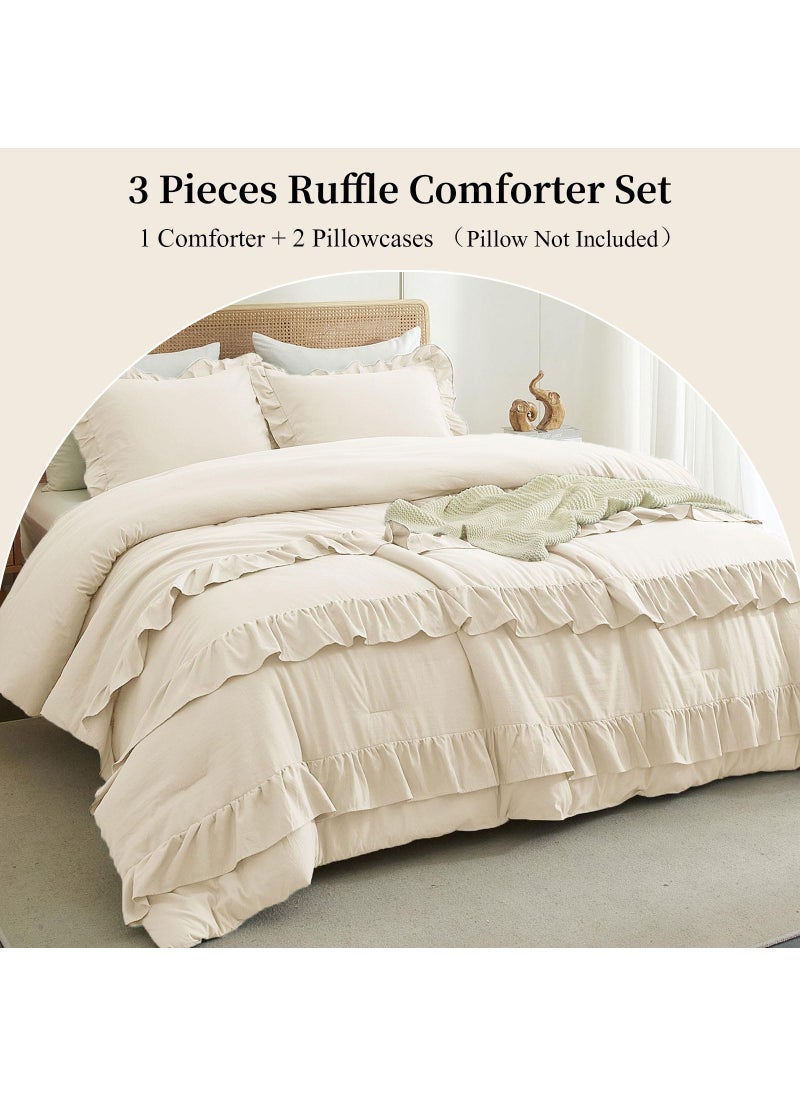 LifeTB Full Comforter Set Boho Cream White Comforter 3 Pieces Ruffle Bedding Comforter Fluffy Soft Ivory Comforter Set 1 Ruffled Comforter with 2 Pillowcases Aesthetic Boho Comforter Farmhouse Bedding Set  - Image 2