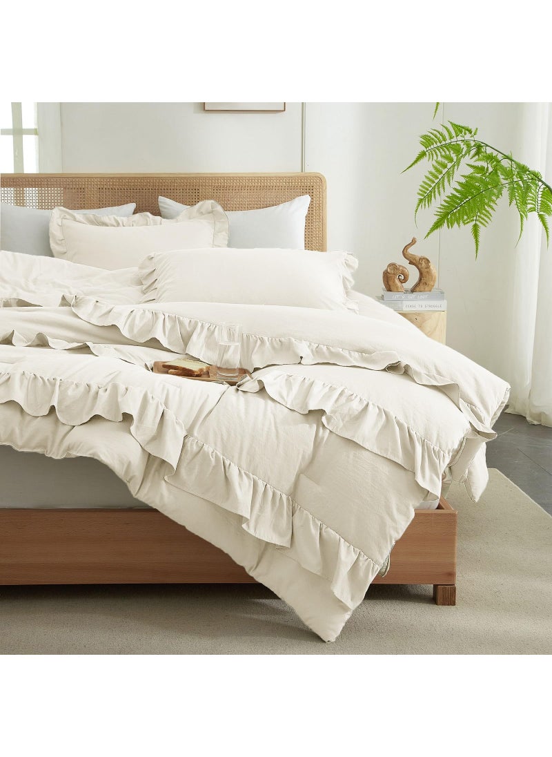 LifeTB Full Comforter Set Boho Cream White Comforter 3 Pieces Ruffle Bedding Comforter Fluffy Soft Ivory Comforter Set 1 Ruffled Comforter with 2 Pillowcases Aesthetic Boho Comforter Farmhouse Bedding Set  - Image 5