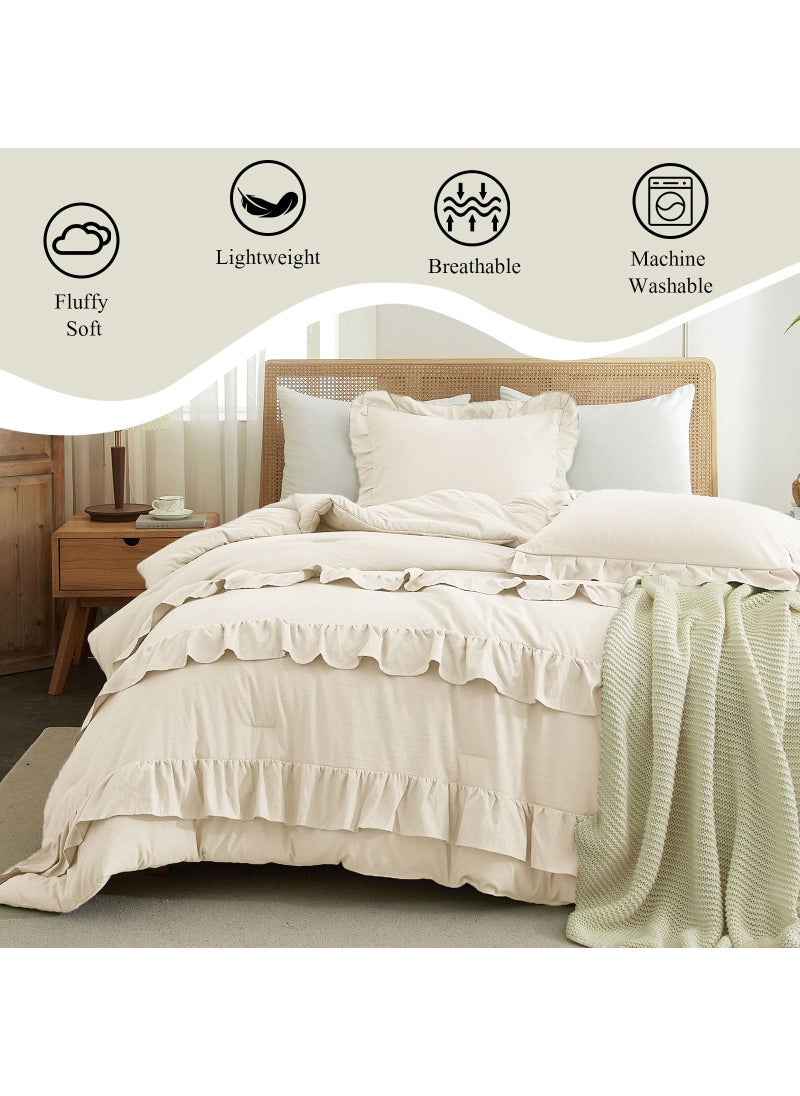 LifeTB Full Comforter Set Boho Cream White Comforter 3 Pieces Ruffle Bedding Comforter Fluffy Soft Ivory Comforter Set 1 Ruffled Comforter with 2 Pillowcases Aesthetic Boho Comforter Farmhouse Bedding Set  - Image 3