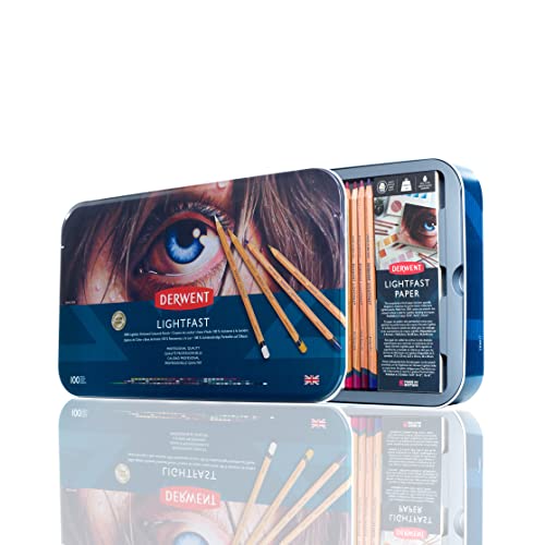 Derwent Lightfast Colored Pencils 100 Tin Set of 100 4mm Wide Core 100 Lightfast No Fade for 100 Yrs Oilbased Premium Core Creamy Ideal for Drawing Coloring Professional Quality 2306017