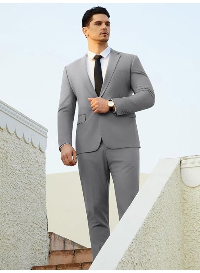 WULFUL Men’s Slim Fit Suit One Button 3-Piece Blazer Dress Business Wedding Party Jacket Vest & Pant Dark Grey - Image 3