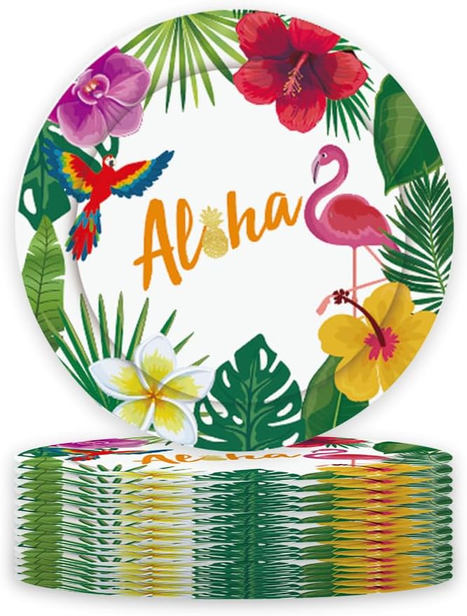 HANSAMU Hawaii Flamingo Paper Plates 7 Disposable Dinner Dessert Plate Tableware Set Luau Tropical Themed Party Supplies Summer Holiday Beach Picnic Birthday Party Decorations 24 Pcs - Image 1