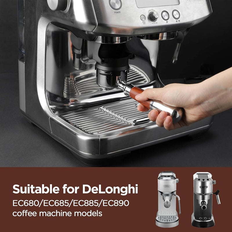 ROMON Bottomless Portafilter 51 mm, Compatible with DeLonghi Dedica EC680/EC685/EC885/EC890, 3 Ears Portafilter Made of 304 Stainless Steel with Wooden Handle and Filter - Image 3