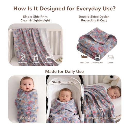 NTBAY Muslin Toddler Blanket, 4-Layer, 30x40 Soft and Breathable Receiving Blanket for Newborns and Infants, Crib Stroller Travel Use, Boho Flower - Image 3