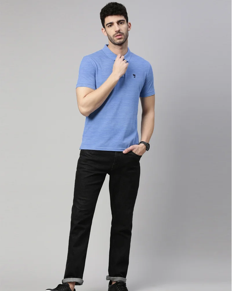 Joven Men Skyblue Solid Polo Collar Pure Cotton T-Shirt