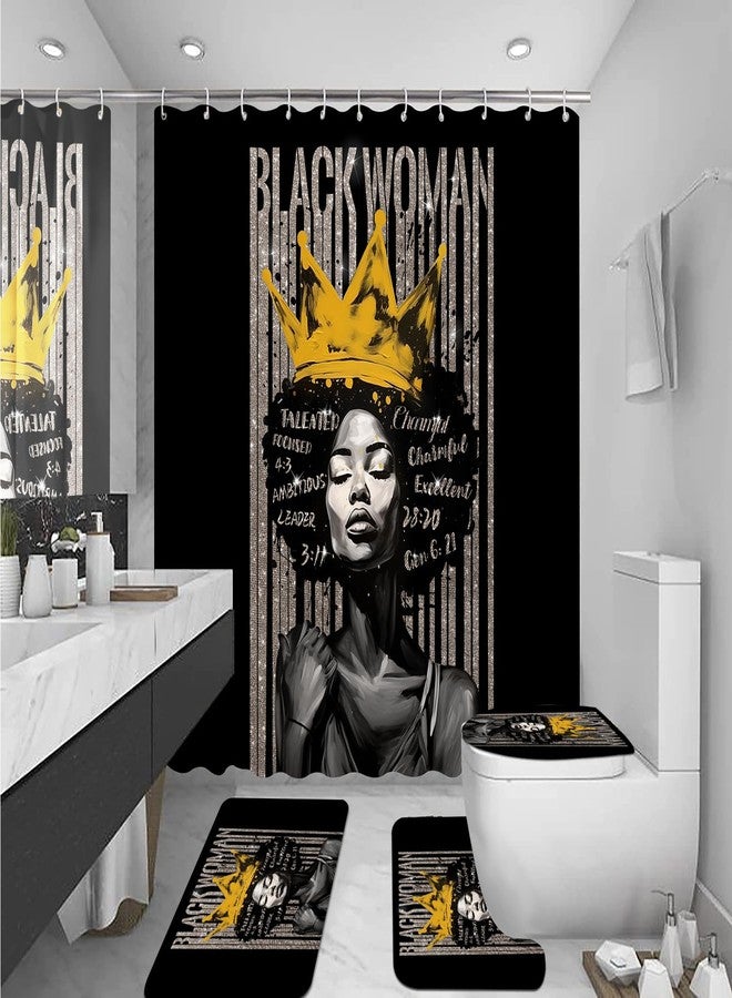 Omebero 4Pcs Praying Black Queen Shower Curtain Set, Inspirational Quote Afrcian American Woman Shower Curtains with Rugs Toilet Lid Cover Bath Mat, Waterproof Mother's Day Bathroom Decor Sets - Image 1