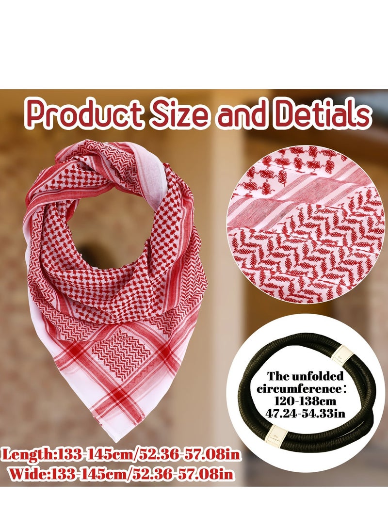 Lee Yon Men Headscarf with Aqel Rope, Arab Keffiyeh Shemagh Turban,Desert Keffiyeh Casual Headwear Scarf Neck Wrap Head Cover Turban Cap, Red/White  - Image 2