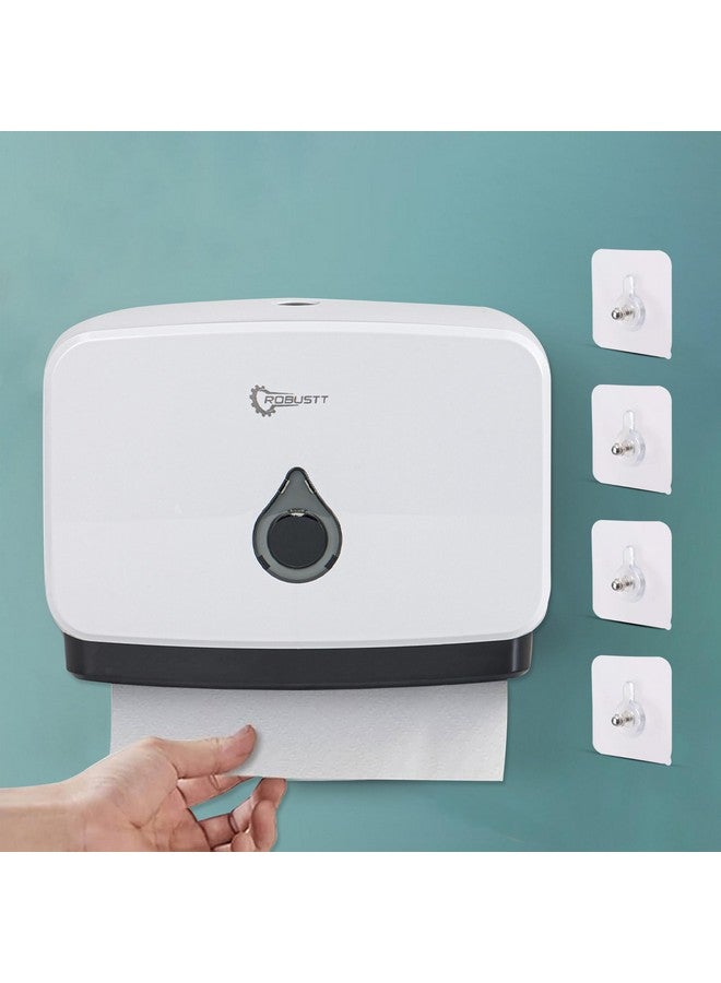 Robustt Wall-Mounted V/N/M Fold Paper Hand Towel Dispenser - White (with 4 Adhesive Hooks) | Large Capacity | Durable ABS Material | Water-Resistant | Push Button Lock (Pack of 1) - Image 1
