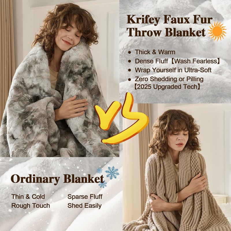 Krifey Oversized Faux Fur Throw Blanket, Soft Fluffy Fuzzy Cozy Blanket for Couch, Sofa and Bed, Luxury Mink Plush for Women, Room Home Dorm Decor, Marbled Gray 60" x 80", Warm 600GSM - Image 4