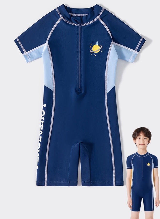 VUCATIN Summer New Children's Short sleeved one-piece swimsuit Outdoor Quick Drying Sun Protection Swimsuit Suitable for Boys and Girls Aged 3-15 (Blue) - Image 1