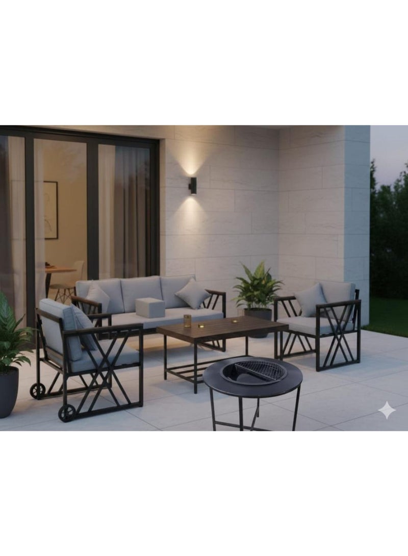 Outdoor seating set, consisting of 5 pieces, suitable for 7 people with a table