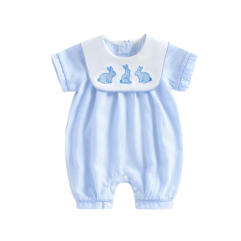 Rourufy Baby Boy Easter Outfit Newborn Bunny Bubble Romper Short Sleeve Onesie Infant Playsuit Spring Summer Cute Clothes (A Bunny Blue, 6-12 Months) - Image 1