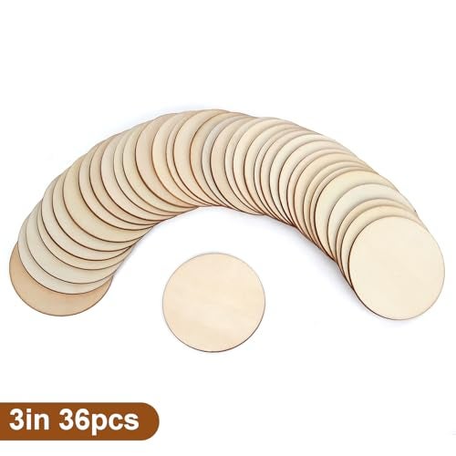 Blisstime Unfinished Wood Circles for Crafts, Wood Rounds for Crafts, Round Discs for Painting, Writing, DIY Supplies, Engraving and Carving, Home Decorations (3" 36 Pcs) - Image 4