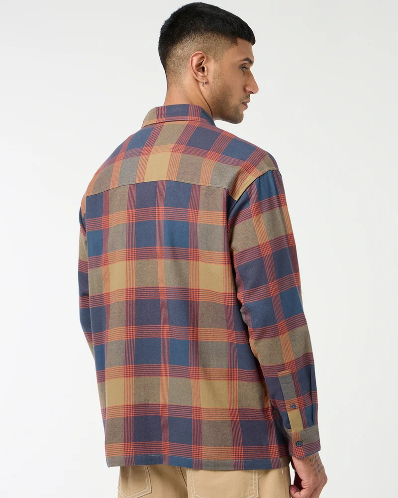 bewakoof  Men's Rust Orange & Blue Checked Oversized Shirt  | Best Price UAE