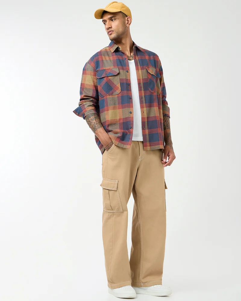 bewakoof  Men's Rust Orange & Blue Checked Oversized Shirt  | Best Price UAE