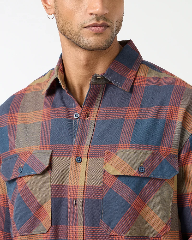 bewakoof  Men's Rust Orange & Blue Checked Oversized Shirt  | Best Price UAE