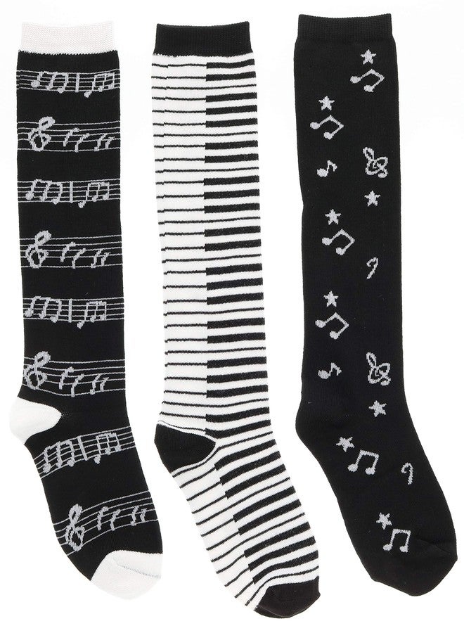 EverBright Women's Black White Music Notes, Piano Keys, Instruments Knee High Socks, (3Pr) Size 9-11 - Image 1