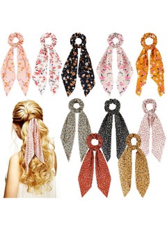 Chuangdi 10 Pcs Hair Scarf Hair Scrunchies With Ribbon Chiffon Floral Hair Scarves Boho Elastic Floral Bow Hair Ties 2 In 1 Vintage Hair Accessories For Women Girls  - Image 1