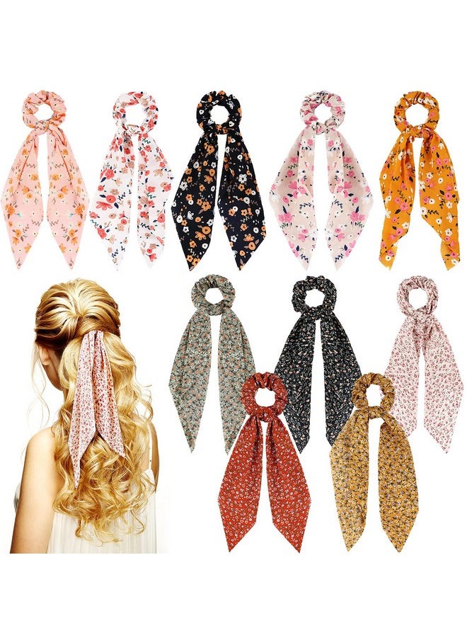 تشوانغ دي 10 قطع من وشاح الشعر Scrunchies مع شريط من الشيفون والأوشحة الشعر الأزهار بوهو مرونة الأزهار القوس العلاقات الشعر 2 في 1 خمر إكسسوارات الشعر للنساء الفتيات  - Image 1
