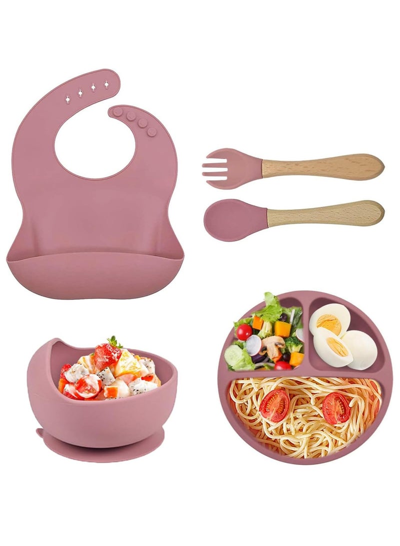 iMissiu Silicone Baby Feeding Set, 5 Piece Baby Led Weaning Supplies, Baby Toddler Bib Cup Divided Plate and Bowl Self Feeding Spoons Dish Set, Baby Eating Utensils, Toddler Feeding Supplies - Image 1